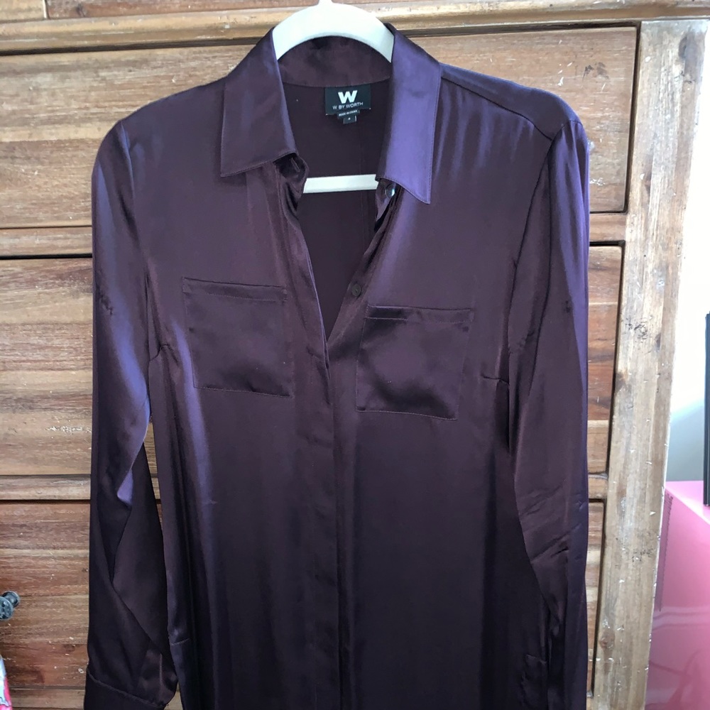 Long silk button up blouse, pretty wine color